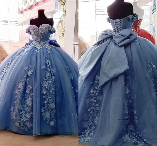 Dusty Pearls Blue Perline Formale Quinceanera Abiti 2024 Fiori di pizzo floreale Applique fuori dalla spalla Abito da ballo da ballo da ballo da ballo grande Sweet 15 Girls 0509