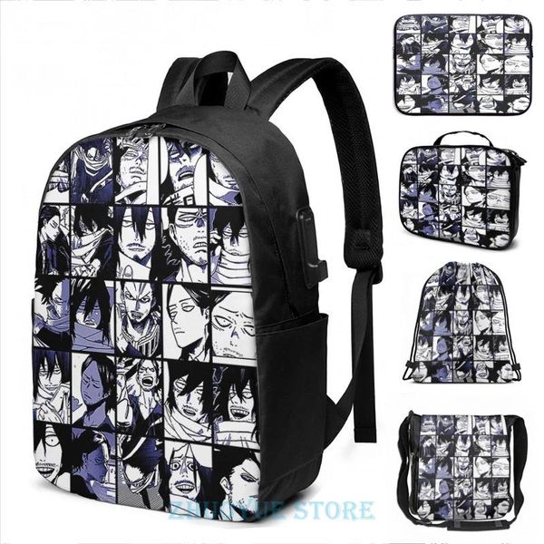 Mochila Impressão gráfica engraçada Aizawa sa collage USB Charge Men Bags Escola Bolsa Baga de Viagem Laptop