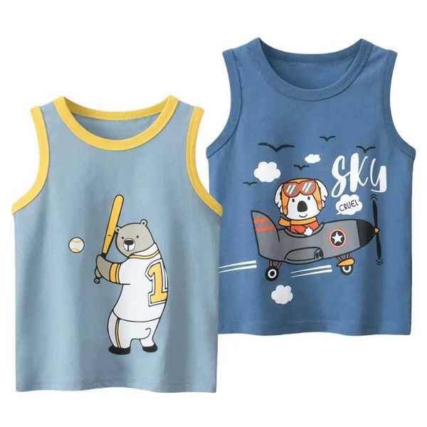 T-Shirts 2024 Yaz Yeni Karikatür Bear Boys Tank Top Plajı Çocuk Giyim Klavelsiz Pamuk Top T-Shirt Çocuk Giyim 2-10 Yıllıkl240509