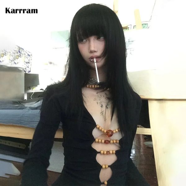 Karram Japon Y2K Hollow Out Üstler Vintage Harajuku Boncuklu Tişört 2000S Estetiği Uzun Kollu T-Shirts American Retro 240509