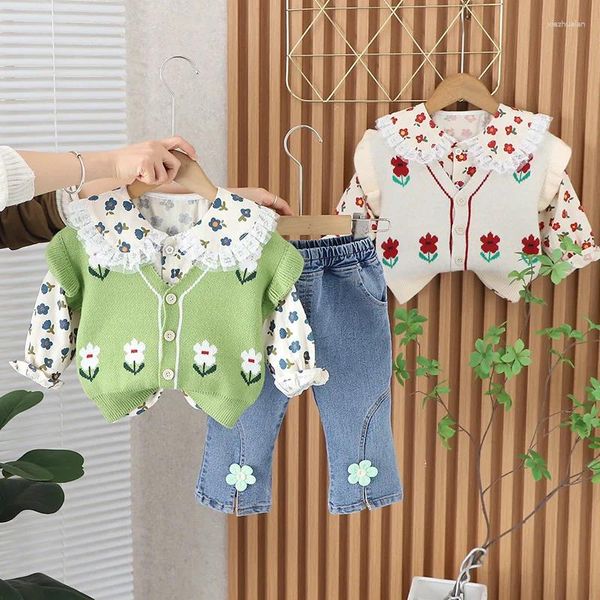 Giyim setleri 3pcs set bebek kızlar takım elbise pamuk uzun kollu gömlek örgü denim pantolon bahar sonbahar çocukları çocuk giymek