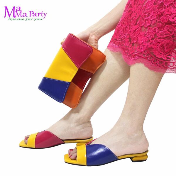 Sapatos de vestido 2024 Chegadas de verão Matching Italian e bolsas de salto quadrado de cores amarelas Slipper confortável para casamento