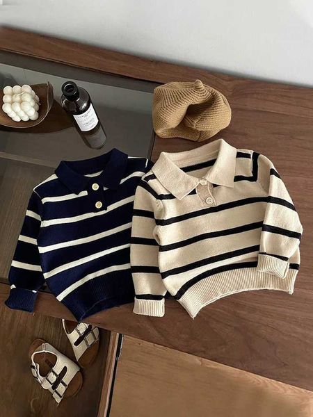 Sets koreanisches Neugeborenes Baby Pullover Polo Strick-Top-Kinder-Langarm-Rapel-Lupe warme Abziehkleidung 2023 Herbst- und Winterkleidung Q240508