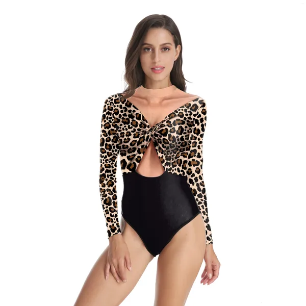 Frauen Badebekleidung Nadanbao Sexy Frau BodySuit Langarm Mode One Piece Badeanzug weiblicher Leoparden Druck Sommersurfen Strandbekleidung