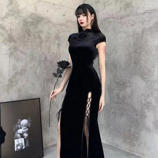Abbigliamento etnico moderno Cheongsam Cinese vestito Qipao in stile gotico scuro Slit Black Black Vintage Oriental Abiti per le donne Dance Performance