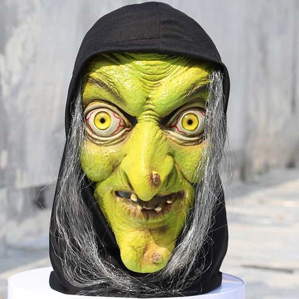 Partymasken Horror alte Hexenmaske Halloween Green Face Latex und Haar Fantasy Kleid Grimace Kostüm Rollenspiele Requisiten Erwachsener Größe 1 Q240508