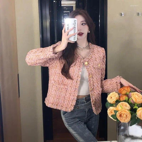 Jackets femininos Pink Tweed Jacket 2024 Spring /Autumn Business Ladies One Piece Classic Coat