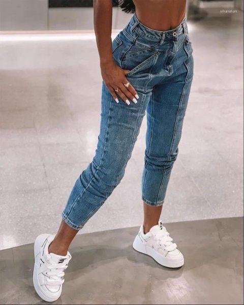 Jeans ad alta vita da donna 2024 Zipper casual con cerniera patchwork magro pantaloni a bottoni semplici per tutta la partita