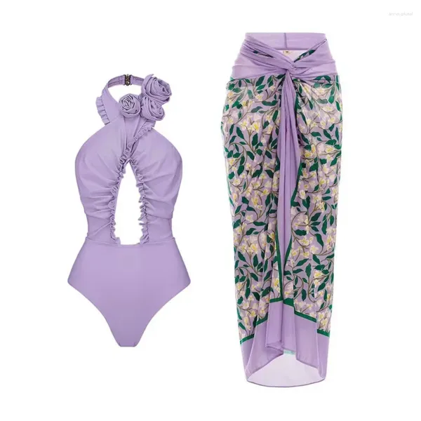 Frauen Badebekleidung 2024 3d Blumenbikini Badeanzug 2 Stück mit Strandrock baden Schwimmbadanzug weiblich Sommer Beachwege