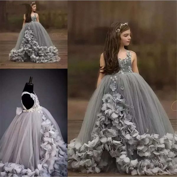 Vestidos lindos de flor cinza para meninas para casamento tule buft tulle princesa crianças vestidos formais de festas com flores 3d