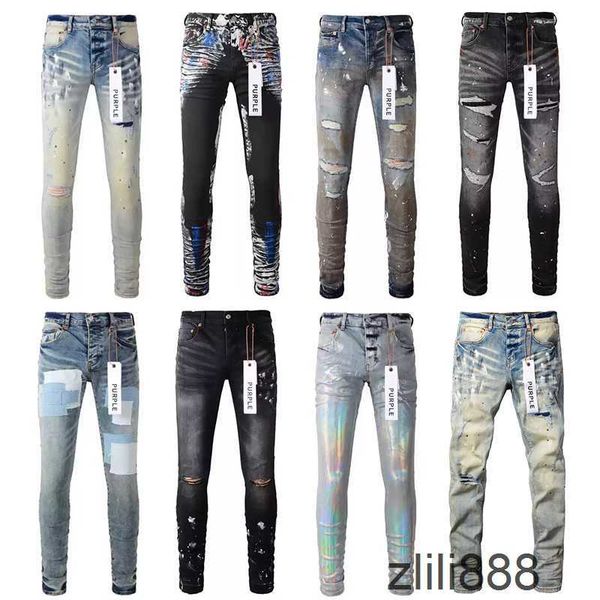 Designerjeans lila für Herren Skinny Motorcycle Trendy Ripped Patchwork Loch das ganze Jahr über schlanke Beinmaschinen Großhandel Marke P2