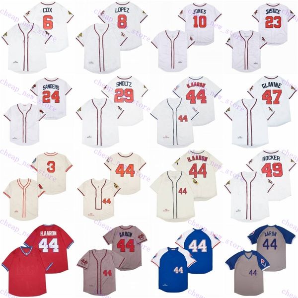 Film Vintage 3 Murphy Baseball Trikots genäht 6 Cox 8 Lopez 10 Jones 23 Gerechtigkeit 24 Sanders 29 Smoltz 35 Niekro 44 Aaron 47 Glavine 49 Teheran Sport White Black Purple