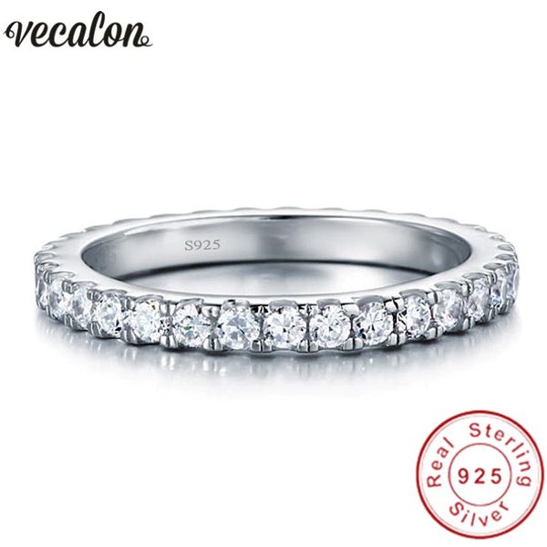 VECALON Female Classic Wedding Band Ring al 100% Soild 925 Sterling Silver Circle 5A Zircon CZ Anelli di fidanzamento per donne Regalo per uomini 240U