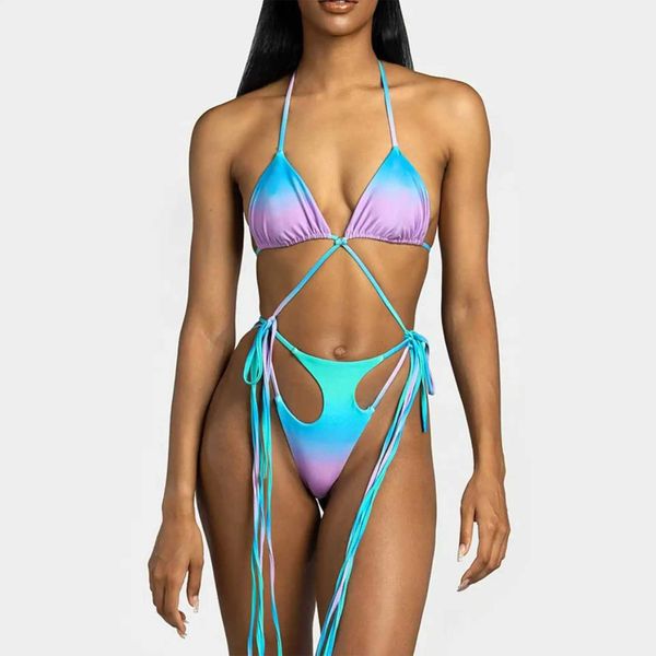 Mutade feminina 2023 Tassel High Elasticity Swimsuit Split Bikini Swimsuith Feminino Mulheres de roupas de banho Bather Swimming Beachwear para traje de banho T240508