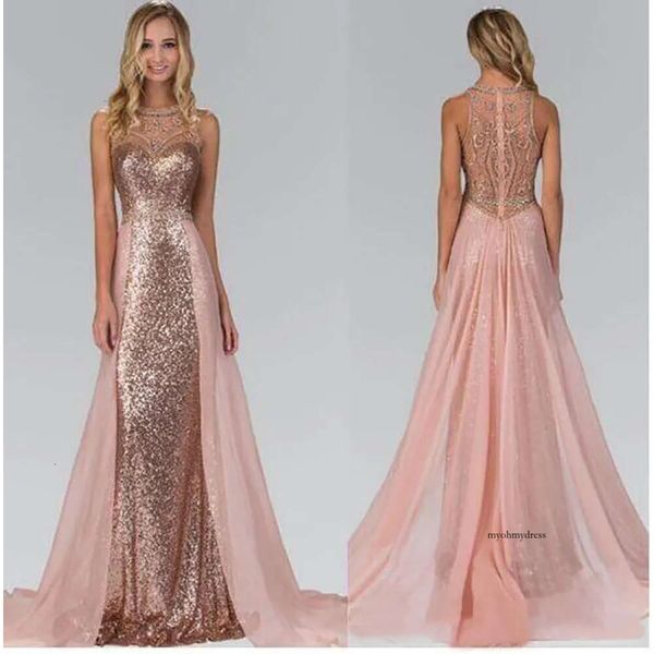 Vestidos de dama de honra de lantejoulas de ouro rosa chiques com ilusão de trem exagerada de volta à madrinha formal de honra, convidado para festas de noite vestidos de noite 0509