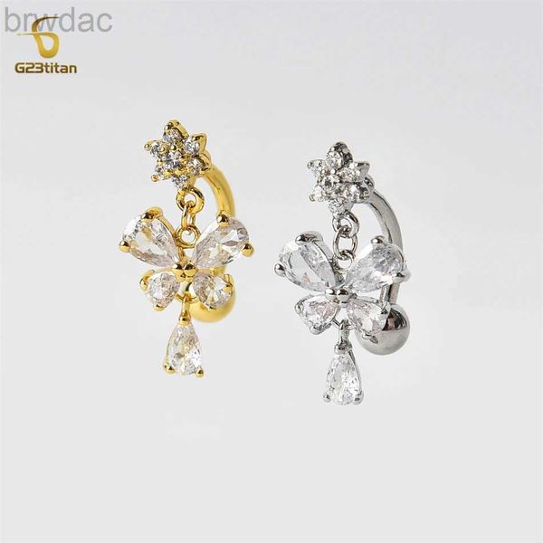 Anelli ombelici G23titan Bilancia Bright Crystal Crystal Butterfly Anello della pancia inversa Anello 14G in acciaio inossidabile in acciaio inossidabile Donne sexy Body Gioielli D240509