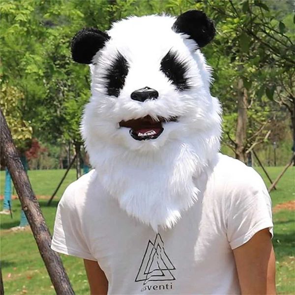 Partymasken Premium Die Panda Head Maske bewegende Mundbär Rollenspiele Plüsch Maske Halloween Party Kostüm Q240508