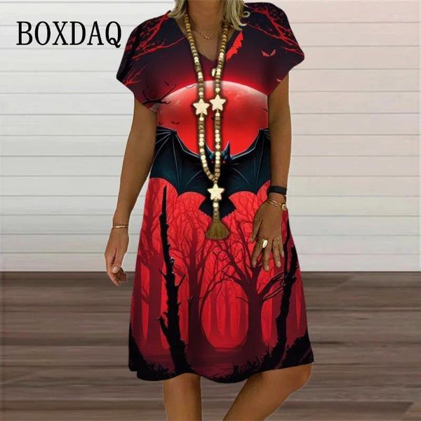 Lässige Kleider Gothic Style Red Black 3D Fledermausdruck Frauen Kleid elegante V-Ausschnitt Party Mode Kurzarm Lose übergroße Kleidung