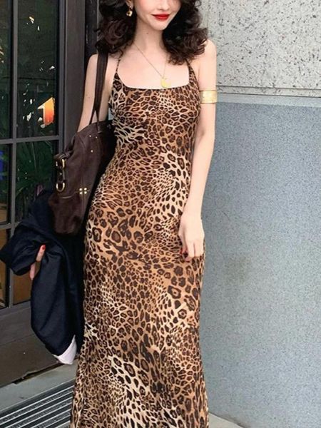 Vestidos casuais Mulheres sem costas Long Slim Sexy Dress 2024 Summer Fashion Lace-up Leopard para vestidos