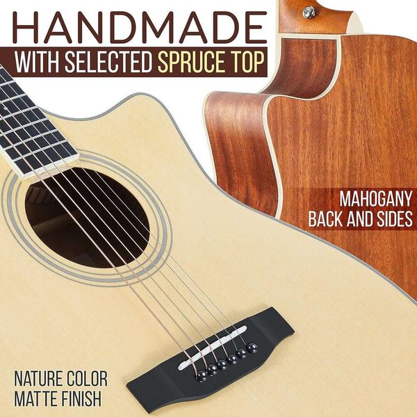 Pyle Premium Electric Acoustic Guitar Kit Spruce Top и Mahogany Sides Полноразмерная стальная струна с дредноутом с обновлением.