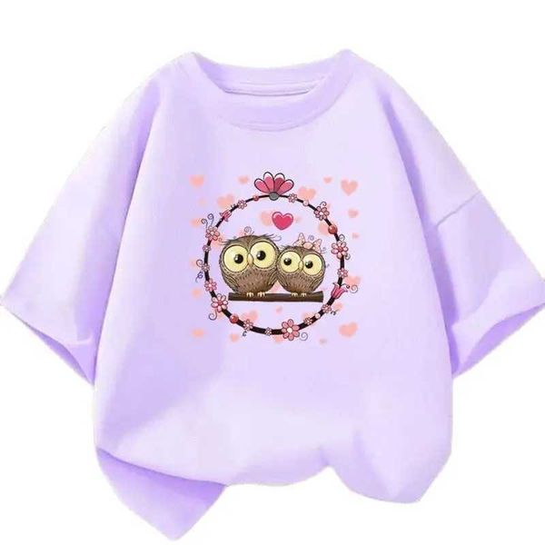 T-Shirts 2024 Sommer New Cute Owl Print Girl T-Shirt Harajuku Childrens Top T-Shirt Casual Street Kleidung Kurzarm Pink T-Shirtl240509