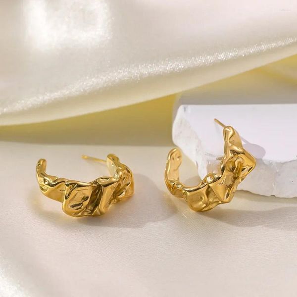 Orecchini doganici punk gold oro grosso a cerchio martellato irregolare per donne anello di orecchio lucido geometrico minimalista.