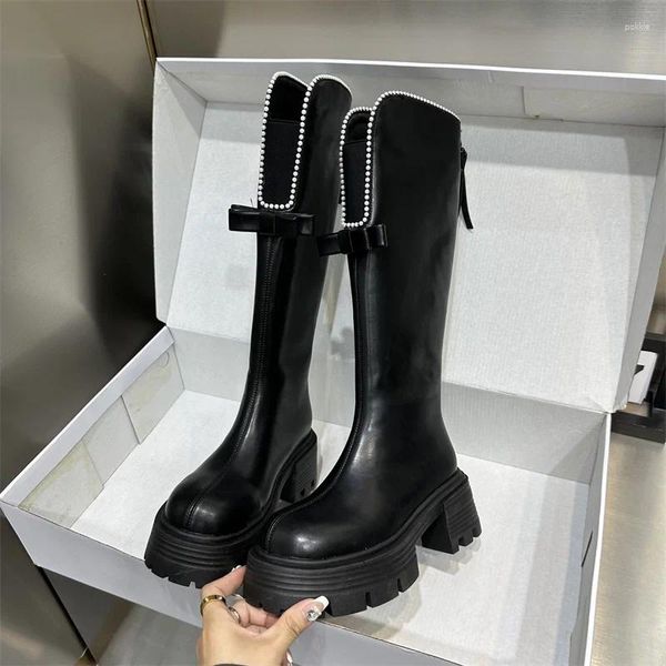 Botas plataforma de inverno mulheres zíper longo senhoras elegantes moles de couro pu mole de joelhos na altura de sapatos femininos quentes de sola quente