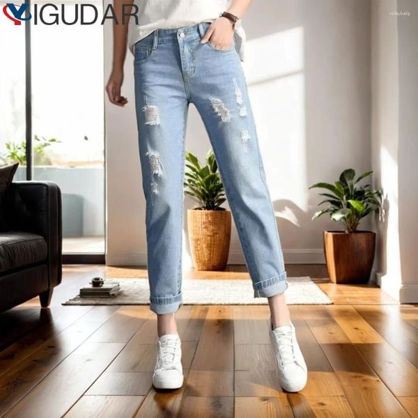 Женские джинсы брюки мода Универсальная средняя талия большая разорванная дыра повседневная джинсовая джинсовая карандаша