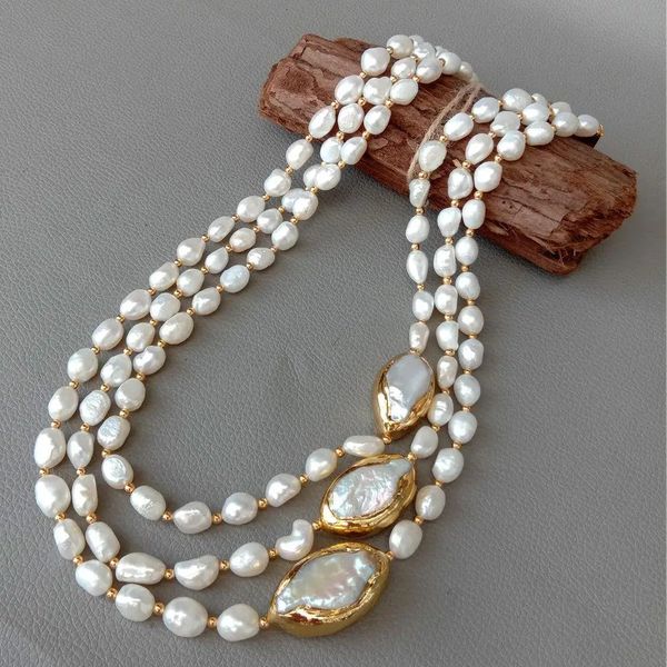 Yygem 20 3 Stränge kultivierte Barock -Süßwasserperlen Halskette Keshi Perle Gold Farbkantenanschluss Chokers für Frauen 240510