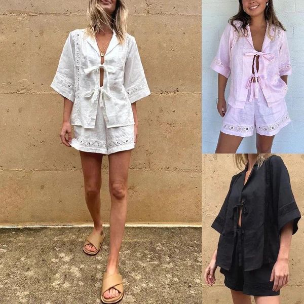 Shorts Shorts Summer Elegant Acrochet Abito sexy Tie-up a V-Up Hollow Shirt e Short Pant Set 2024 Women Women Fashion Outfit Solid