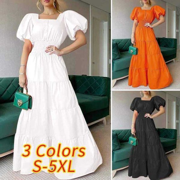 Plus -Size -Kleider 2024 Sommer Damenkleid Kleid Sommer Sunddress Square Kragen Puffed Slve Long Rock Kleid Casual Beach Kleid Y240510