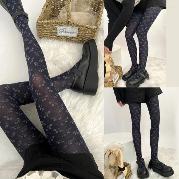 Frauen Socken Japanisch JK Vintage Blumenmuster Strumpfhosen Winter Herbst Süßes Mädchen Jacquard Silky Strumpfhosenstrümpfe Leggings Leggings