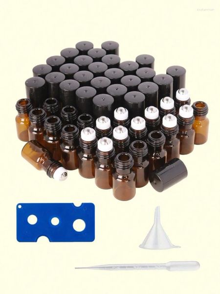 Lagerflaschen 50 Stück/Set 3ml Bernsteinglas ätherisches Öl und Parfümflasche - Edelstahlkugel Schwarz Deckel Schönheit Kleine Probe