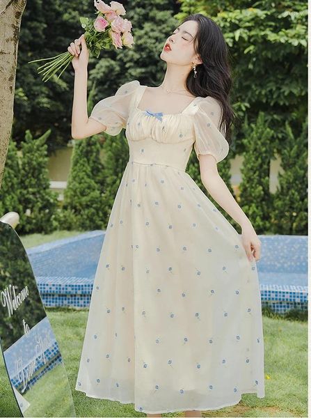 Partykleider Sommer Romantische Chiffon Prinzessin Kleid Frau Retro Französischer Stil Stickerei Floral Bow Puff Ärmel Lady Fairy Vestido