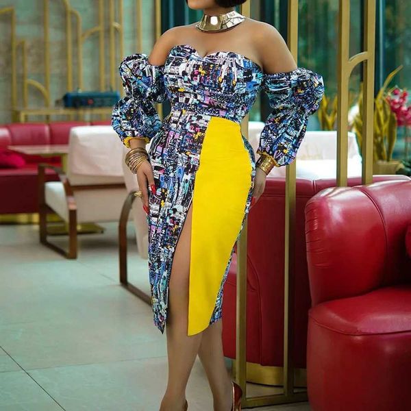Vestidos de tamanho grande vestidos africanos de alta qualidade elegantes fora do ombro Africano Cloth Puff Slve Moda African Kitenge Dress Designs Y240510