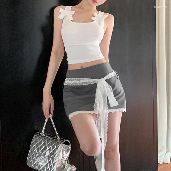 Frauen Tanks 2024 Frühling Korean Bow Casual White passen alle passen Camisole Frauen hohe Taille Spitzen Patchwork Sexy A-Line-Rock Zweiteiler Anzug