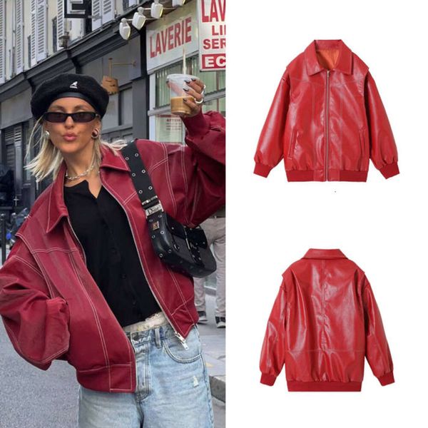 Women Fashion Red Pu Leather Bomber Bomber Giacca vintage Copertinetto Vanta Short Coot-Down Collar Streetwear Autumn Fashion Autumn