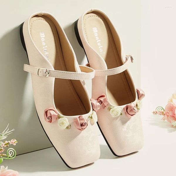 Повседневная обувь розовая женщина шелковая ткань шелковая ткань китайский стиль квадратный ноги белые цветочные женские квартиры Sapato feminino