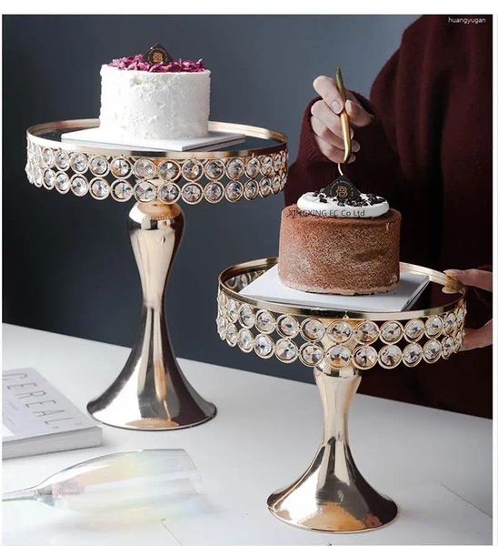 Пластин зеркальный стеклянный кристалл золотой лоток с громкой абонементы на металлический базовый десерт Десерт Десерт Стол Стоят Свадебные украшения