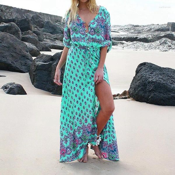 Vestidos casuais Volalo Bohemian Printing Dresh Beach Dress Slave Hippie Hippie Chic Maxi Holiday One Tamanho Bandagem Férias Vestidos