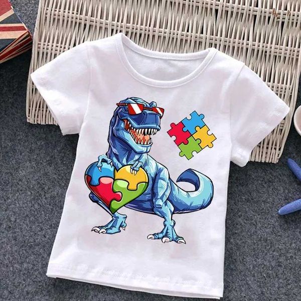 Camisetas autistas infantil garotas t-shirt garotas de desenho animado top fofo bebê algodão de verão roupas infantil dinossauros t-shirtl2405