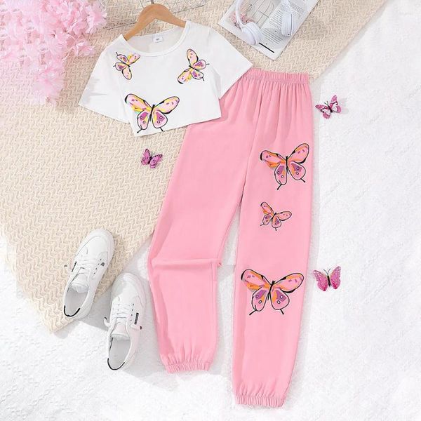 Kleidungssets Teenager 2 PCs Set Kids Girl Graphic Top Pant 8 9 10 11 12 Y Sommer koreanischer Stil Fashion Casual Birthday Butterfly Kinder Anzug Anzug