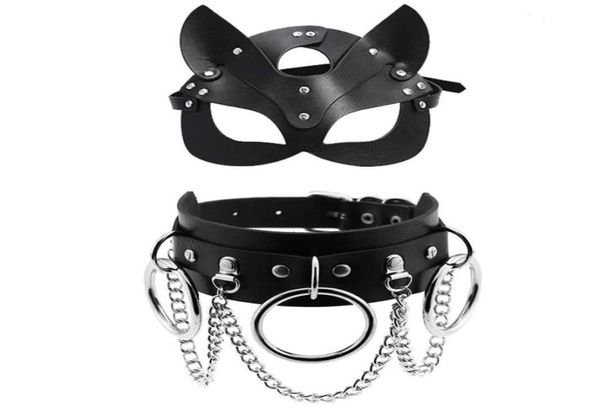 Brinquedos sexy para casais máscara de couro pu women cosplay gato bdsm fetiche halloween máscara preta com colar sexy e acessórios eróticos 2134507