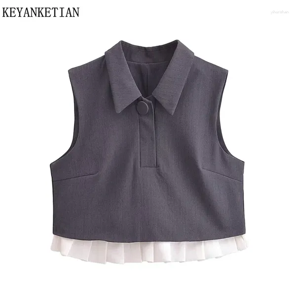 Frauen Tanks Keyanketian 2024 Start Press Flecken Patchwork -Dekoration Dunkelgrau Weste Weste Preppy Style Polo Kragen Crop Top