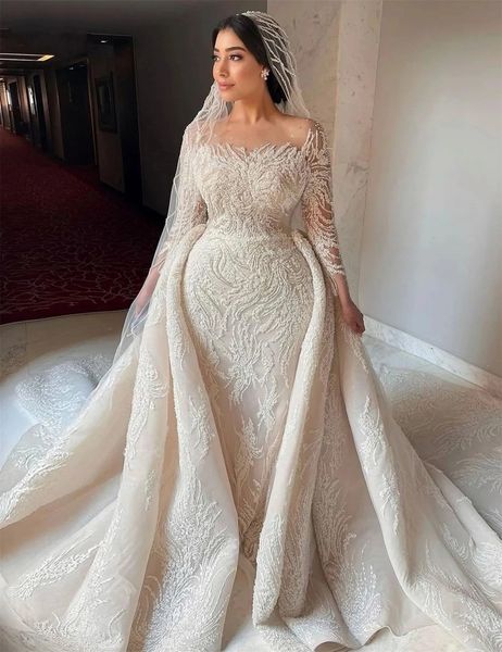 Luxury mermaid breitkleider 2024 schiere neckperlen laken sticke langtöne bridal formale party kleid vestidos de noiva
