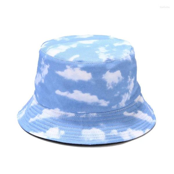 Beralar 2024 Pamuk Mavi Gökyüzü ve Beyaz Bulutlar Baskı Kova Şapkası Fisherman Açık Seyahat Güneş Kapağı Erkek Kadınlar İçin
