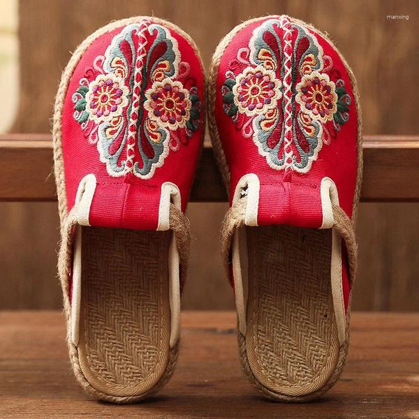 Slippers johnature Women Summer 2024 Slides bordados sapatos chatos de flores retrô feitas à mão concisa damas