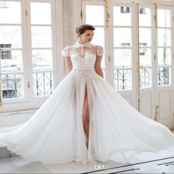 2019 Nuovi abiti da sposa Riki Dalal Classic Dalal Slittura con collo alto e maniche corte Chiffon con abiti da sposa a fodera morbida 251q 251q