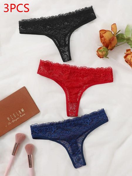 Mutandine femminili bianche e affascinanti biancheria intima Ultra-sottile perizoma a pizzo completo 3 pezzi Il rosso blu nero può essere abbinato a una lingerie 363-3