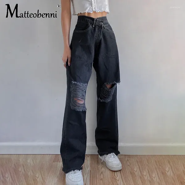 Jeans femininos Hip Hop Black Jenim Joggers Hold Hollow Out Hole Baggy Ripped For Women Harajuku Estético Pantagens retas namorado